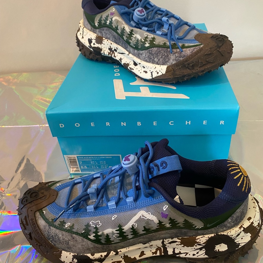 Nike ACG Mountain Fly 2 Low Trail Sneakers in Blue, Green, White & Brown